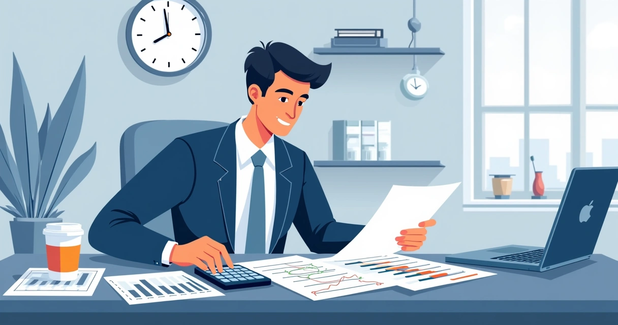 Empresário analisando planilhas financeiras em mesa de escritório 