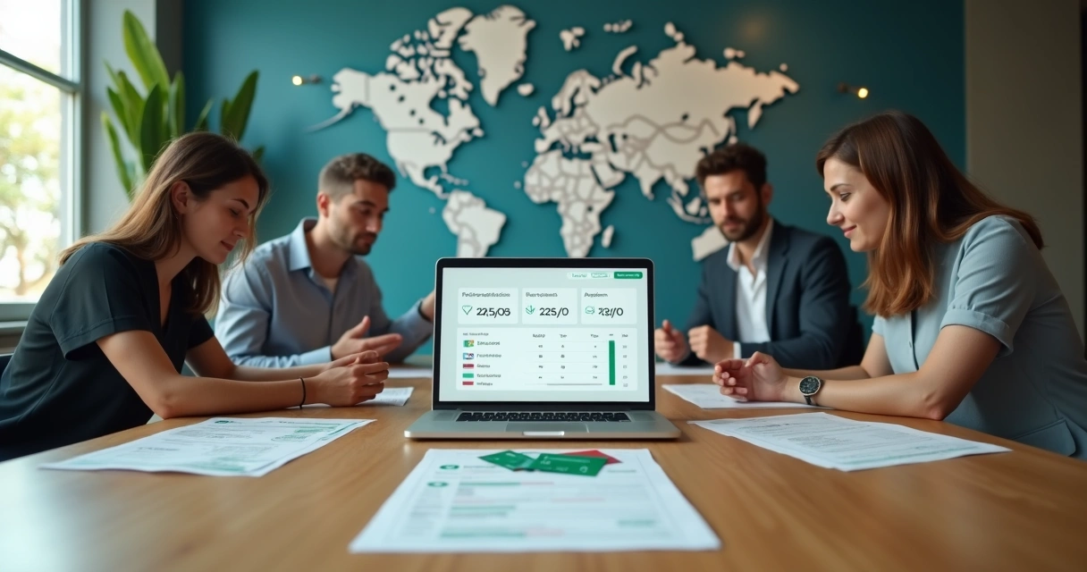 Equipe de empresa analisando painel financeiro com várias moedas e cartão Wise empresarial sobre a mesa 