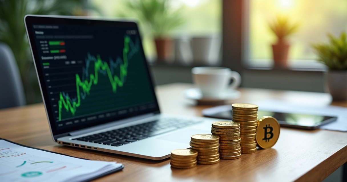 Mesa de escritório com laptop exibindo gráfico financeiro e moedas digitais empilhadas ao lado 