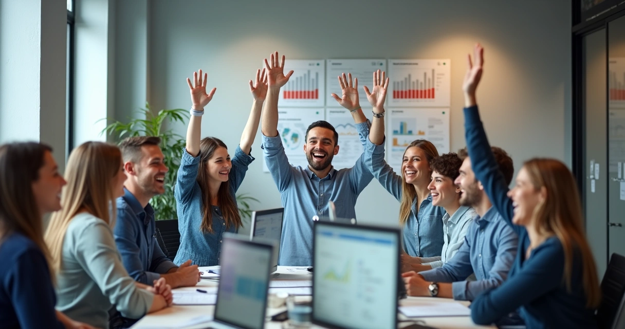 Equipe de empresa comemorando implantação de ERP 