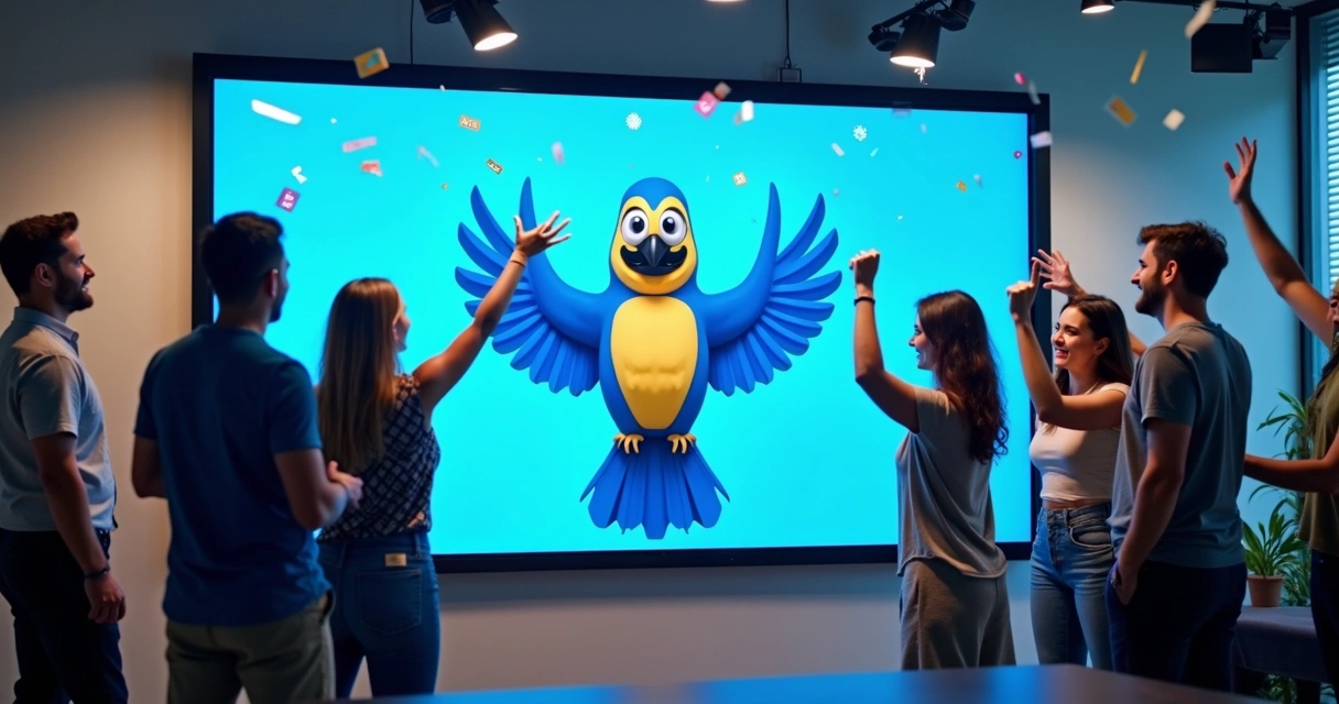 Pessoas celebrando a tecnologia com mascote arara azul 