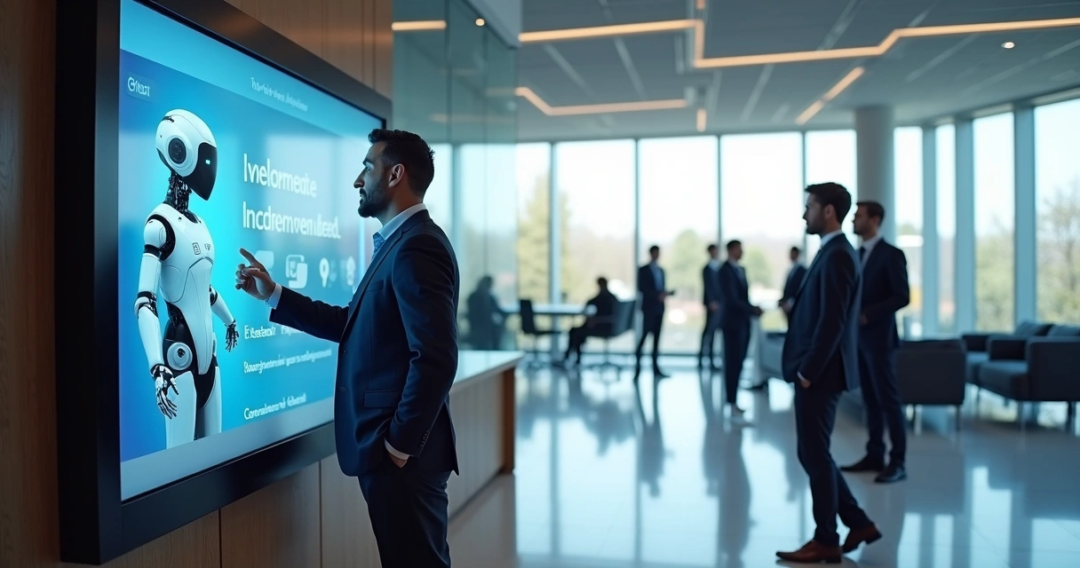 Recepção moderna com chatbot virtual atendendo clientes na entrada