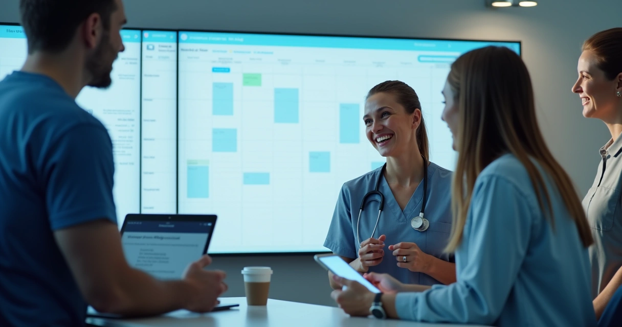 Equipe de clínica comemorando agenda cheia na frente de uma tela digital 