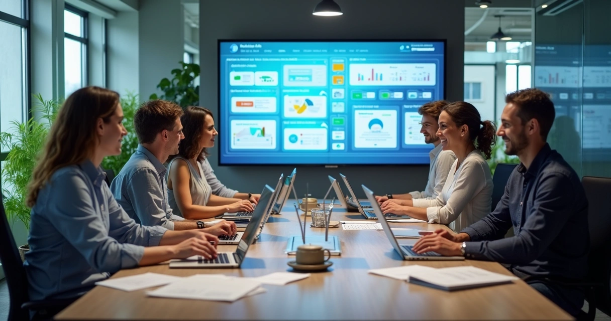 Equipe financeira analisando dados em telas de computador em um escritório moderno 