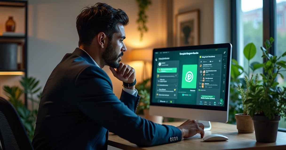 Equipe de cobrança trabalhando em computadores com WhatsApp aberto na tela 