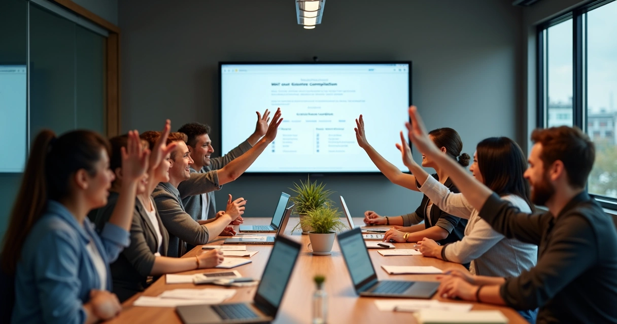 Equipe de colaboradores felizes após treinamento corporativo digital 