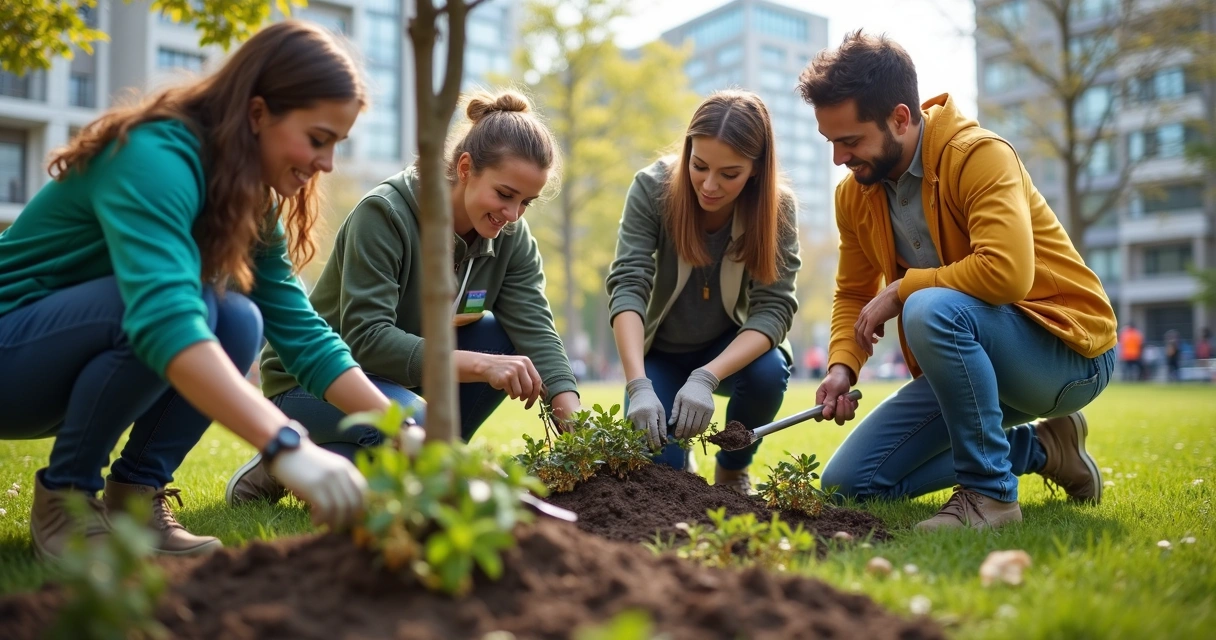 Colaboradores de empresa envolvidos em atividade de voluntariado social. 