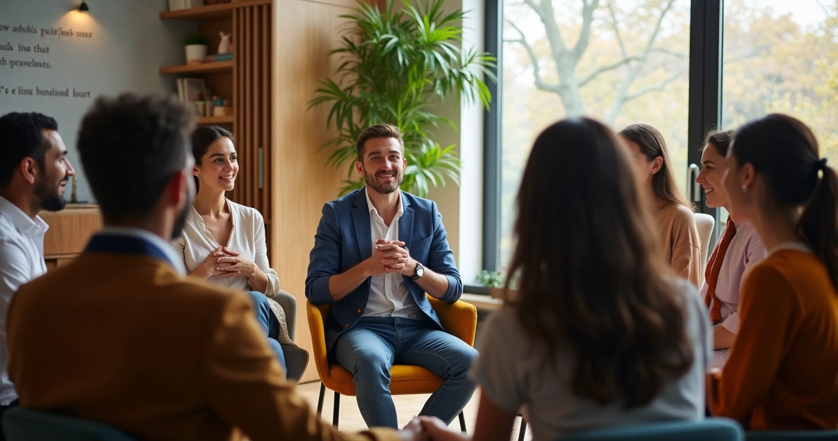 Colaboradores em círculo, mãos dadas, com sala iluminada ao fundo, representando união 