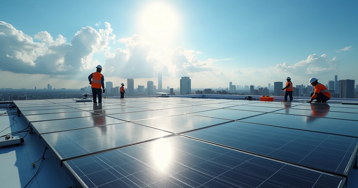 Painéis solares instalados no telhado de uma empresa 