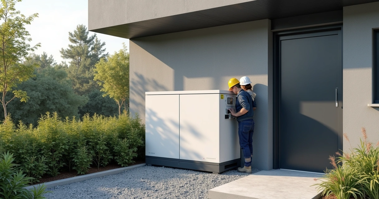 Funcionários instalando gerador de energia em empresa