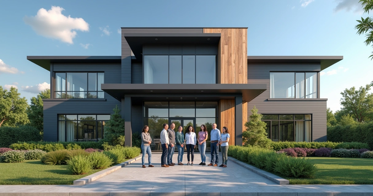 Prédio moderno de empresa com família de diferentes idades reunidos na frente, sorrindo e conversando