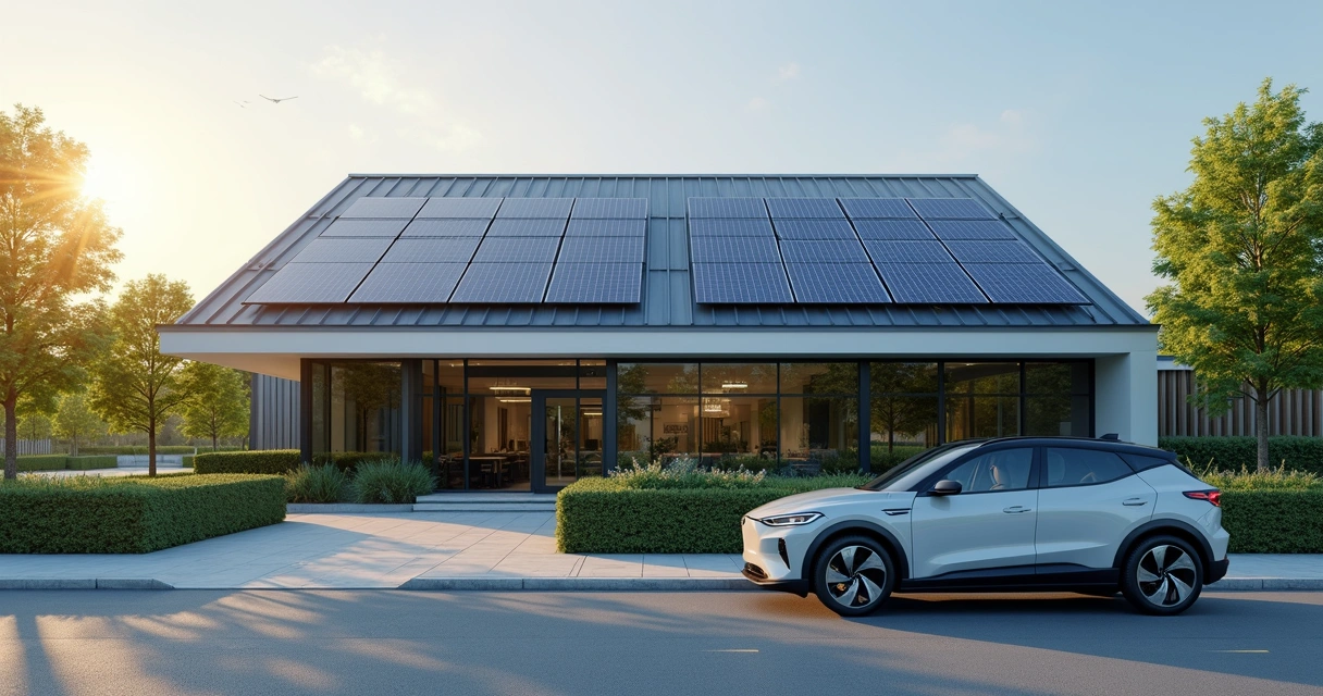 Fachada de empresa com painéis solares no telhado 