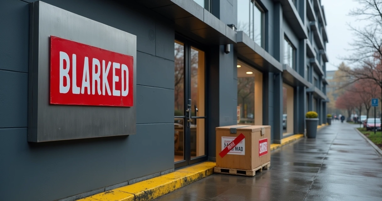 Fachada de empresa com placa de bloqueio e remessa barrada