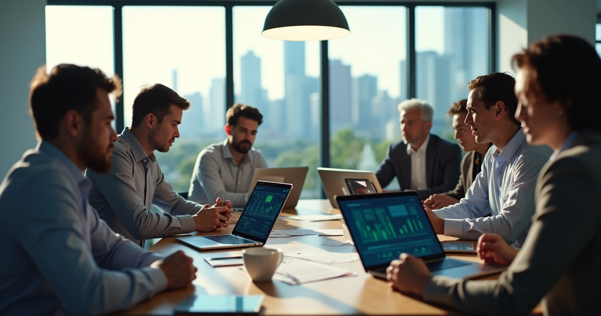 Equipe de uma PME reunida em volta de computadores, apresentando telas com gráficos de segurança digital 