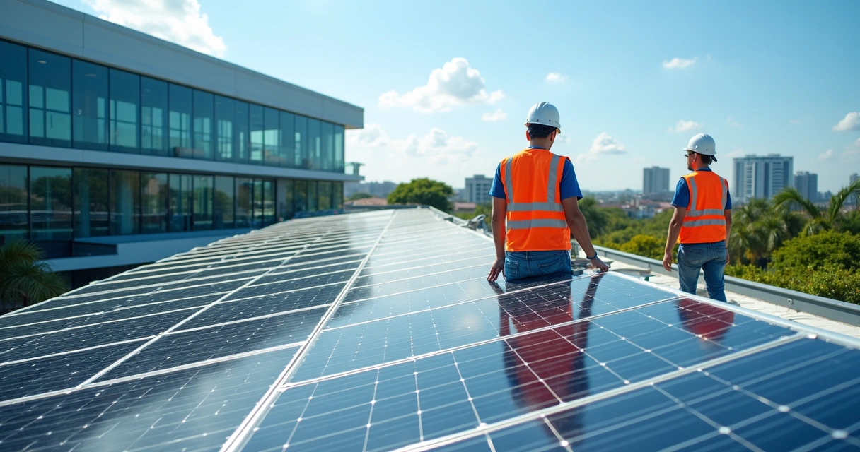 Instalação de usina fotovoltaica em telhado empresarial 