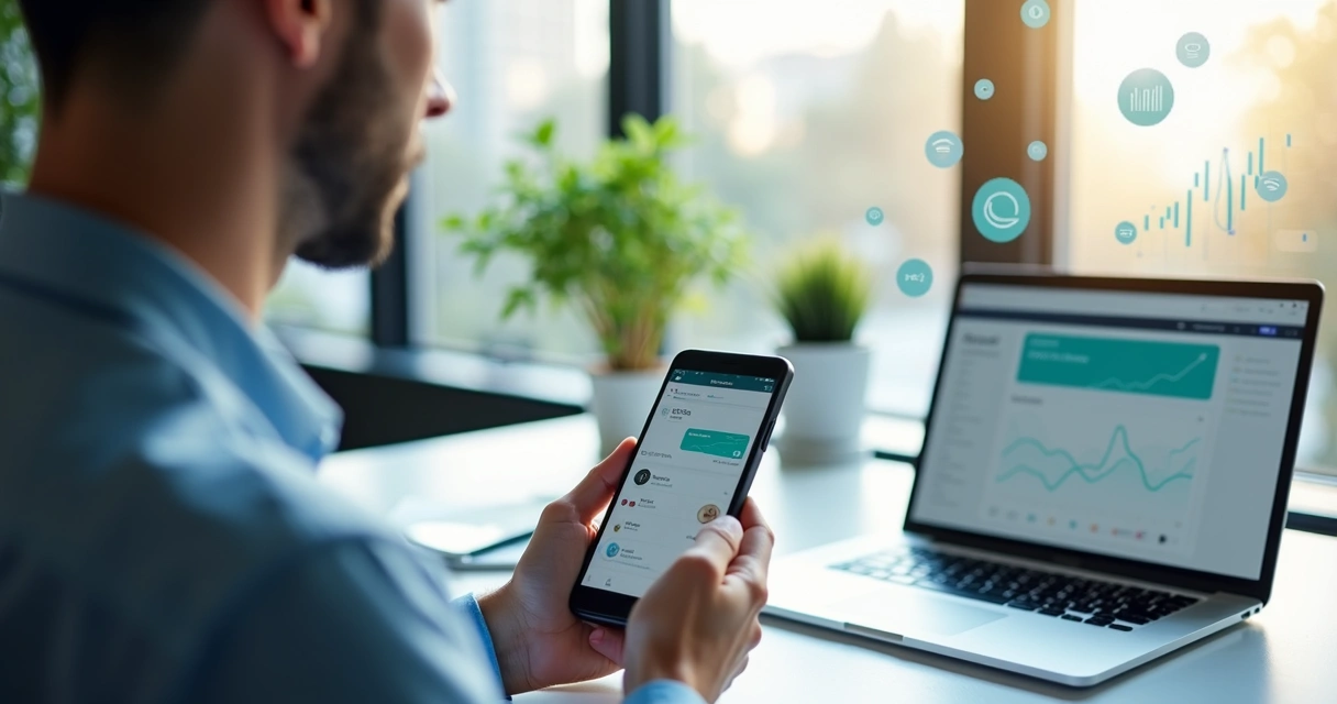 Gestor consultando relatório financeiro no WhatsApp em um escritório moderno