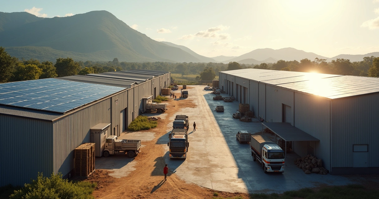 Empresas e comércio com usina solar ao fundo