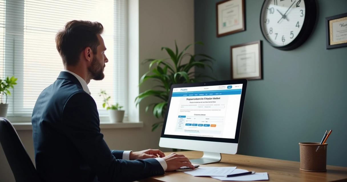 Funcionário em uma empresa utilizando computador para participar de pregão eletrônico