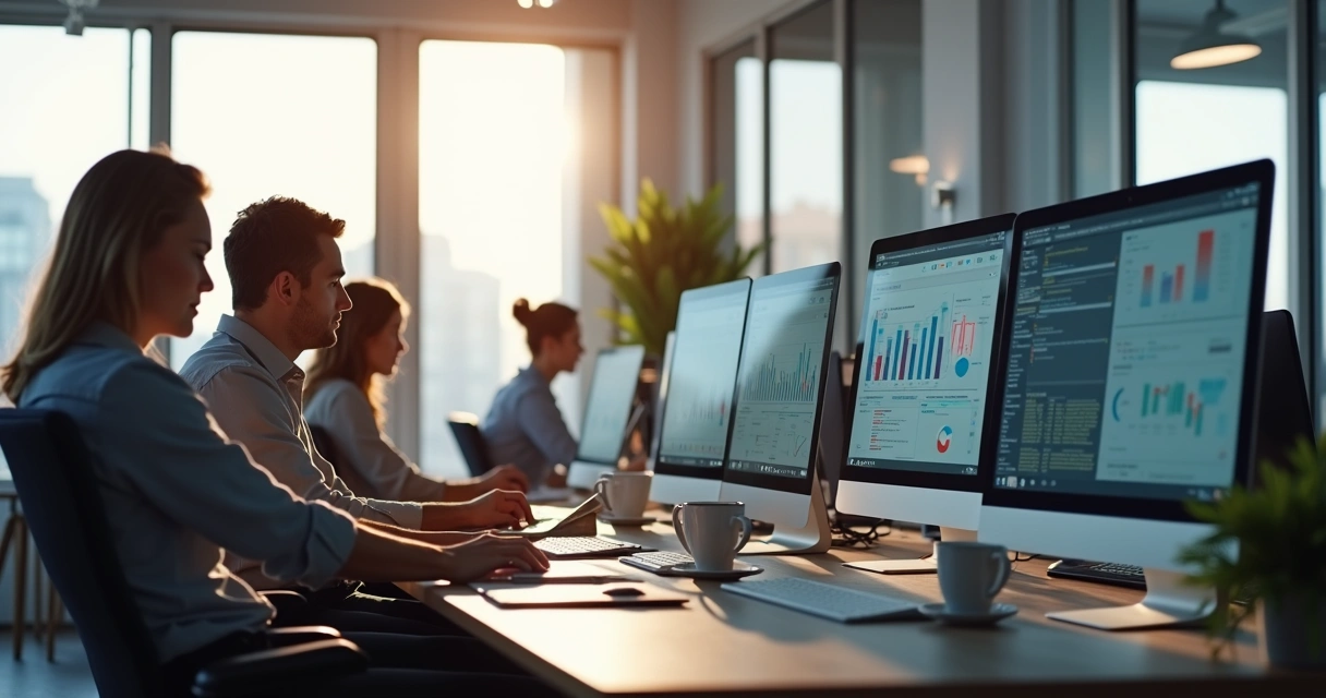 Equipe trabalhando em computadores numa pequena empresa com telas mostrando gráficos e informações em bancos de dados.