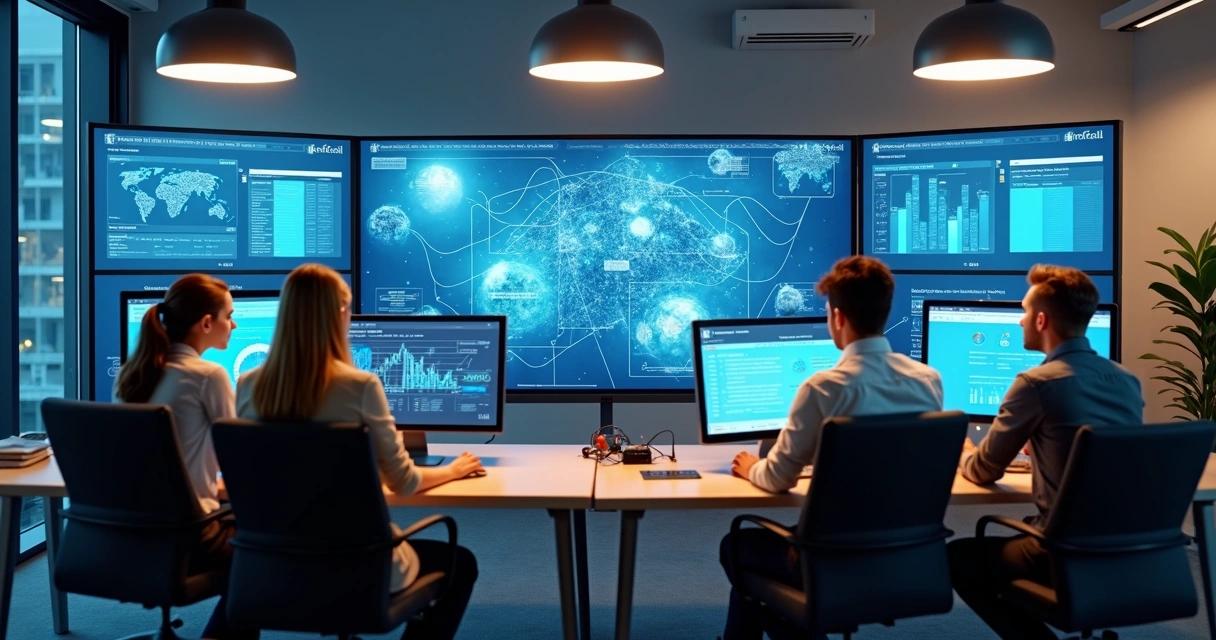 Equipe em escritório com sistemas integrados e IA 