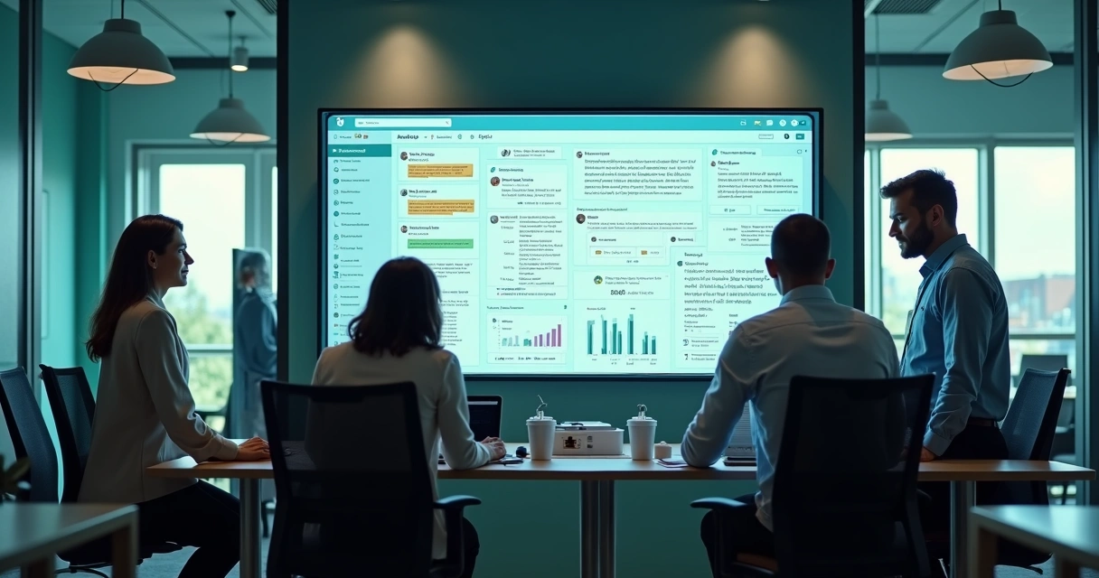 Equipe de empresa interagindo em telão com WhatsApp 
