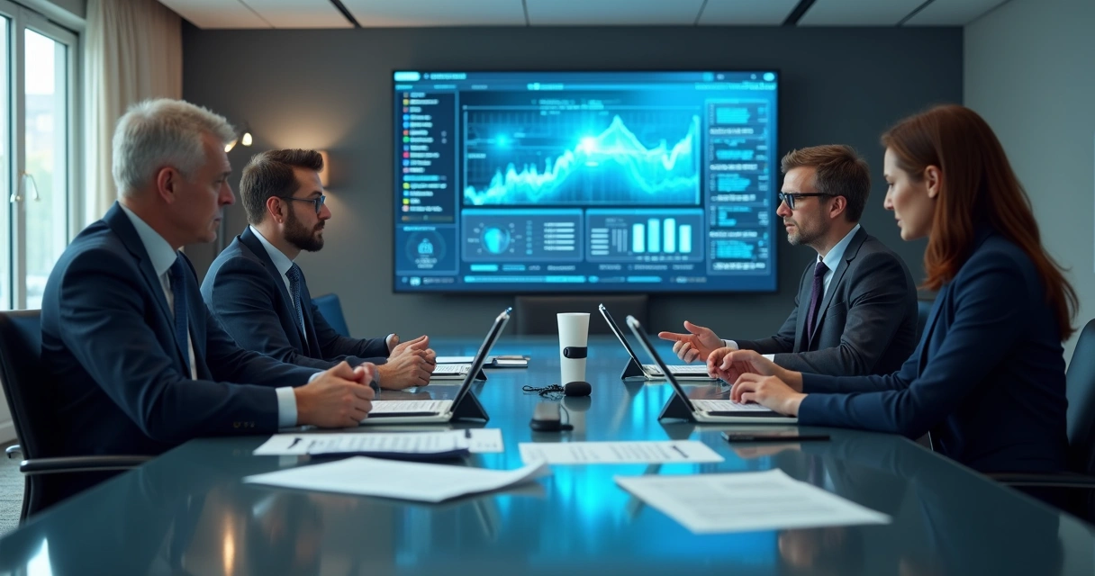 Reunião empresarial com equipe debatendo políticas de compliance 