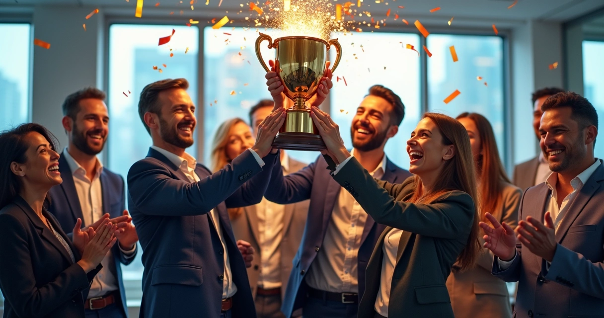 Equipe empresarial celebrando conquista e premiação 