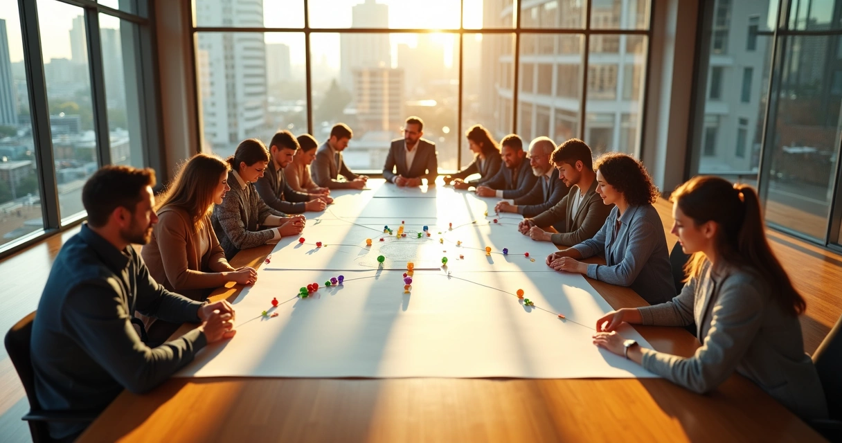 Pessoas organizando objetos no chão representando setores de uma empresa 