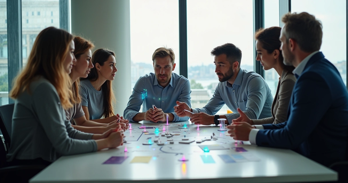 Equipe reunida observando dinâmicas em ambiente corporativo 