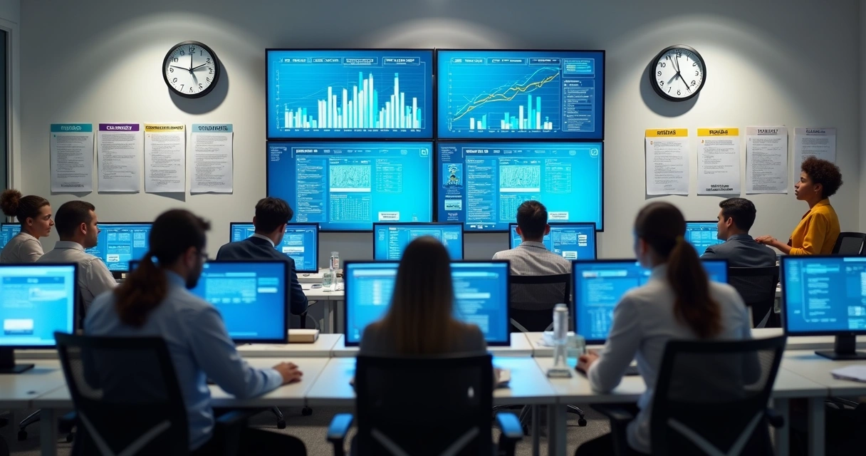 Equipe em escritório contábil usando computadores durante a transição tributária 