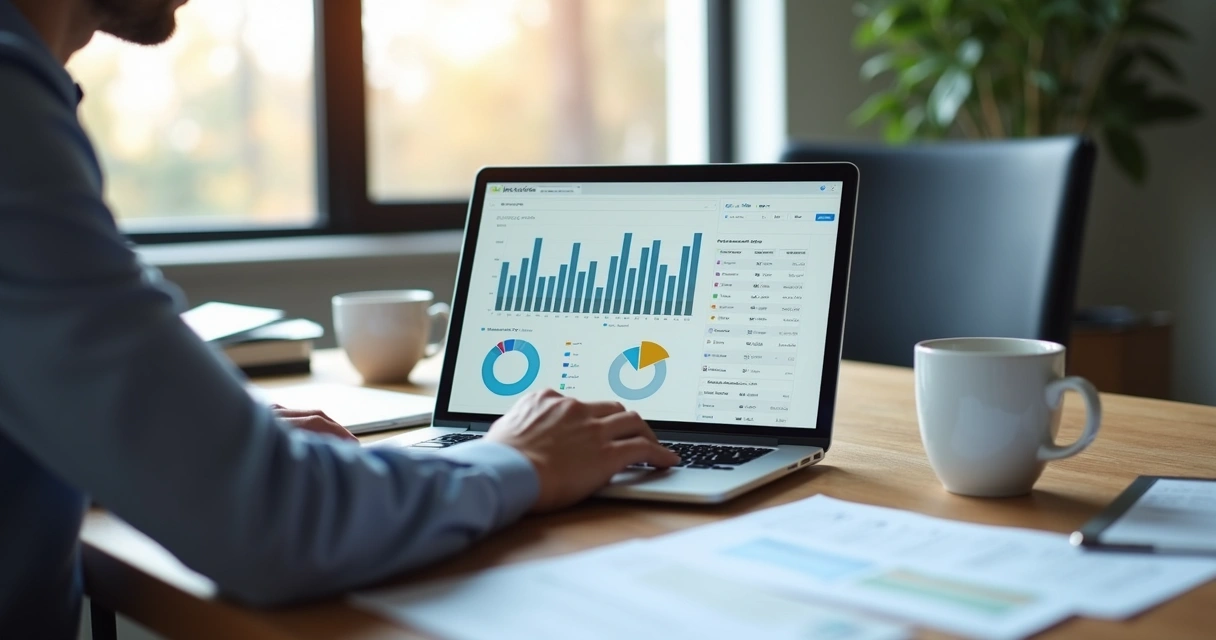 Gestor analisando relatório de recebimentos em notebook 