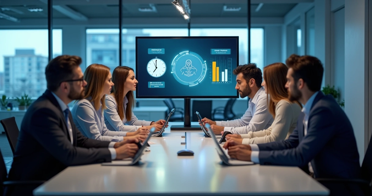 Equipe de Recursos Humanos analisando registros digitais de ponto em um escritório 