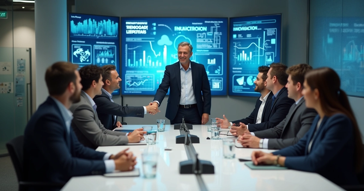 Representantes de empresa tradicional apertam as mãos de equipe de startup