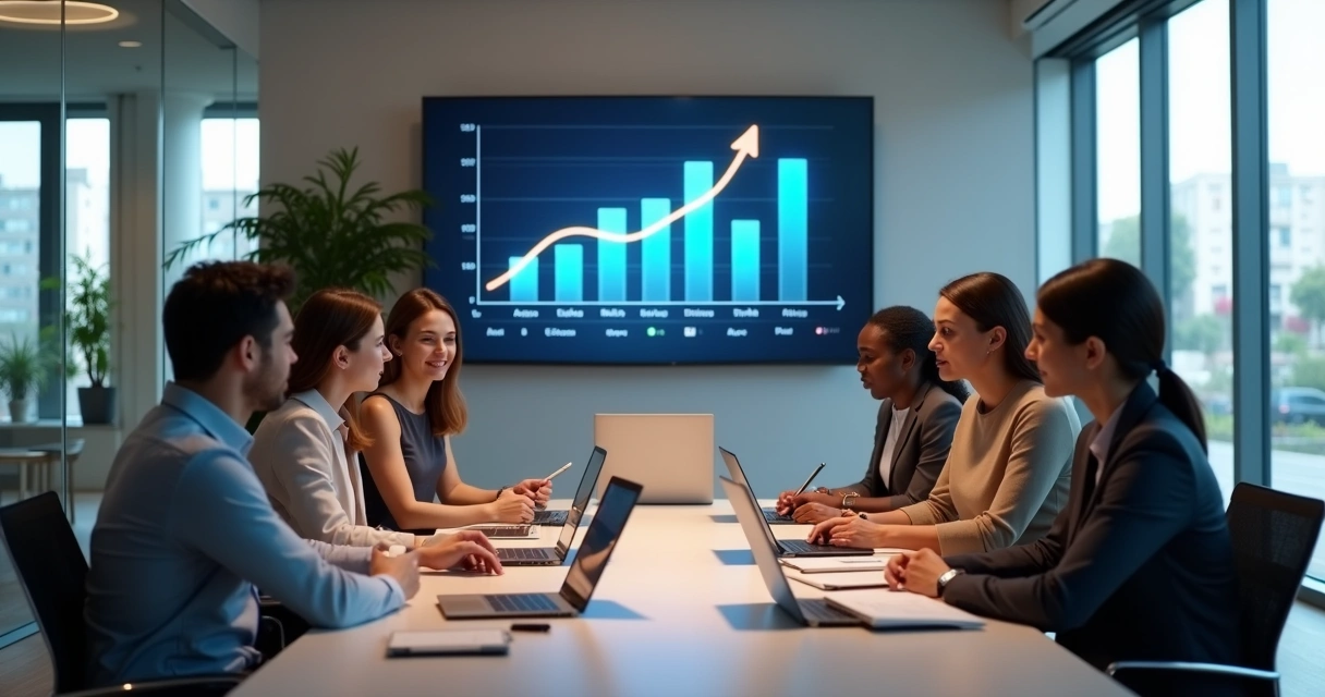 Equipe reunida analisando gráfico de crescimento na parede 