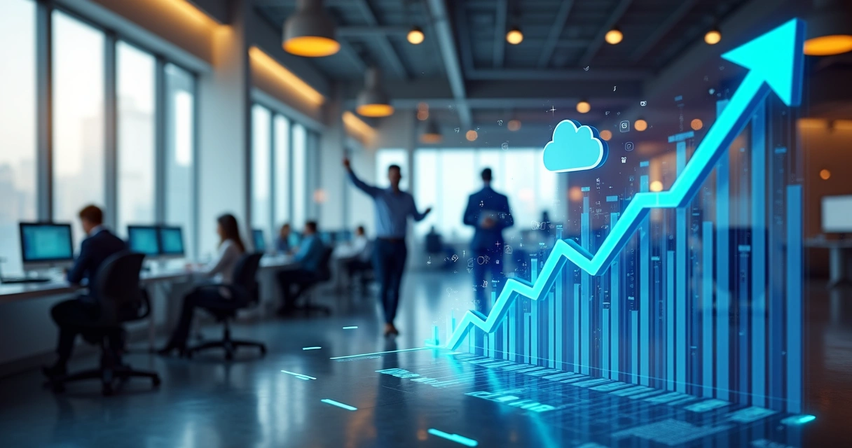 Gráfico de crescimento com ambiente de tecnologia e empresários comemorando 
