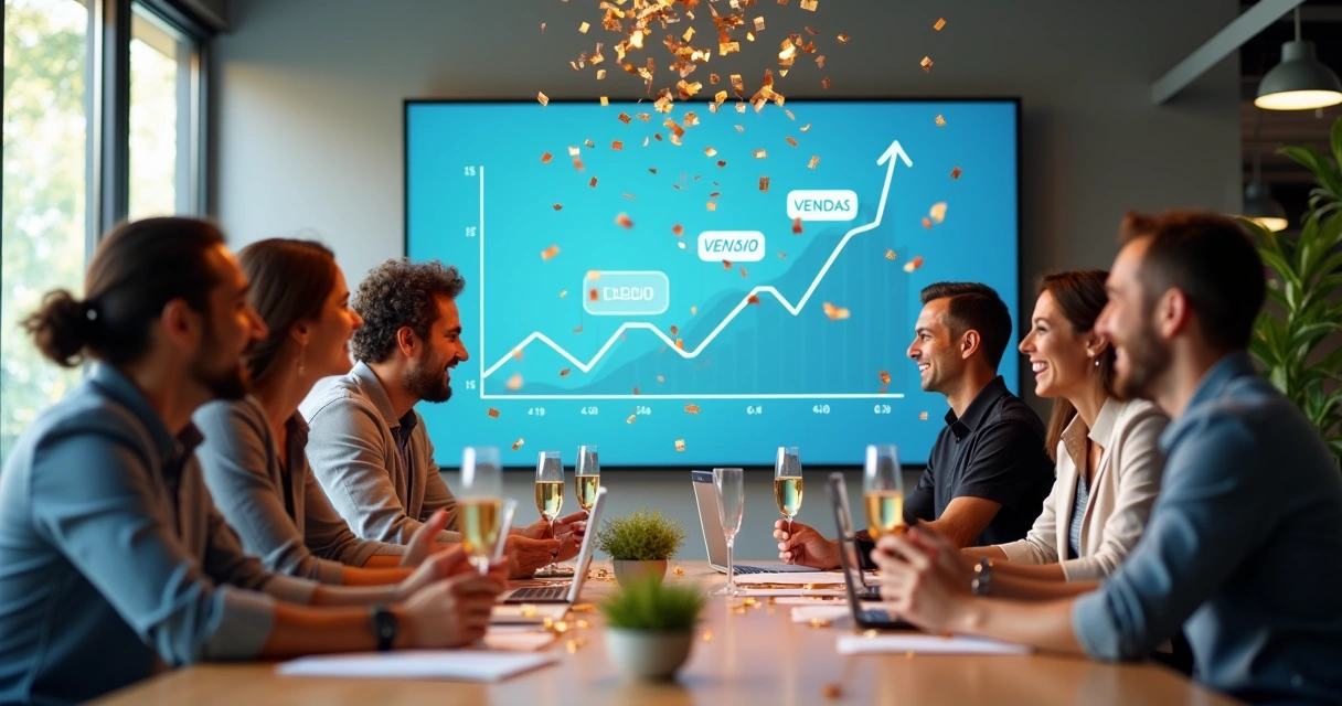 Equipe de marketing comemorando crescimento em gráfico digital exibido em tela ampla no escritório 