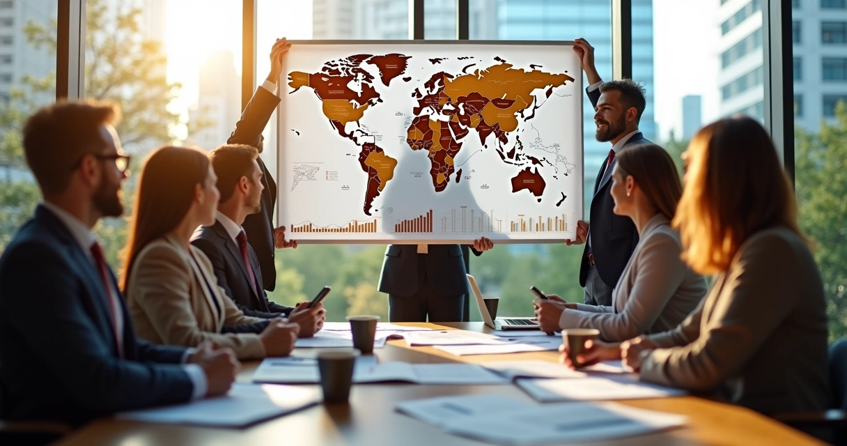 Empresários comemorando crescimento e expansão no exterior 