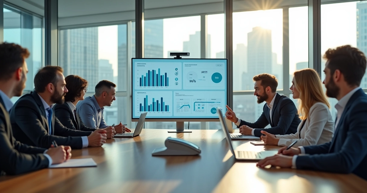 Equipe de negócios analisando painel digital de fintech white label em escritório moderno 