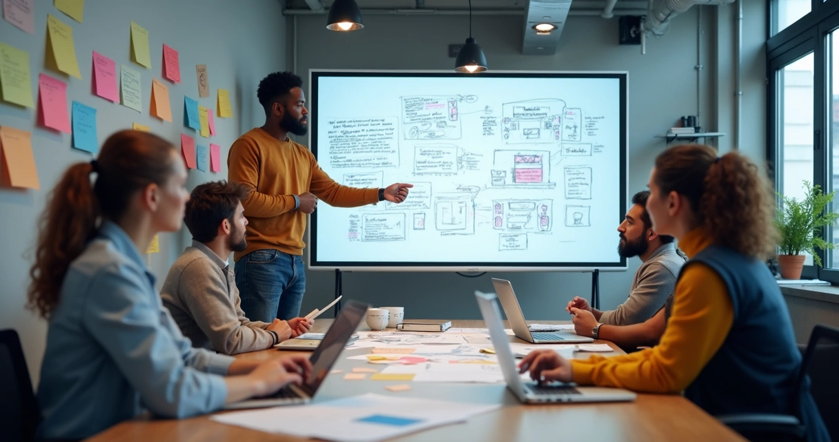 Equipe reunida desenvolvendo protótipo digital 