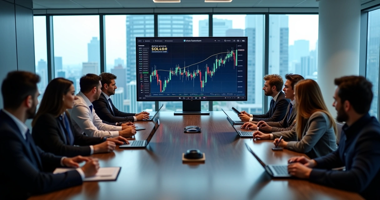 Equipe de empresa analisando tela com gráficos de cripto e transferências PIX.