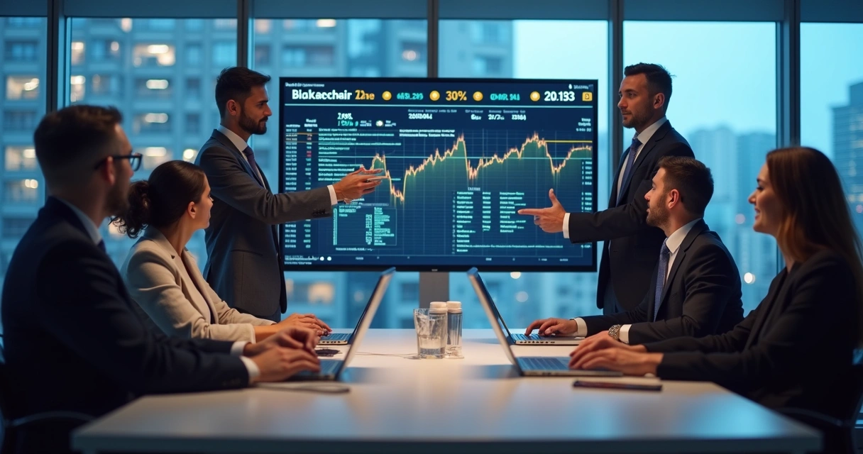 Equipe de negócios analisando dados de blockchain em mesa de reunião 