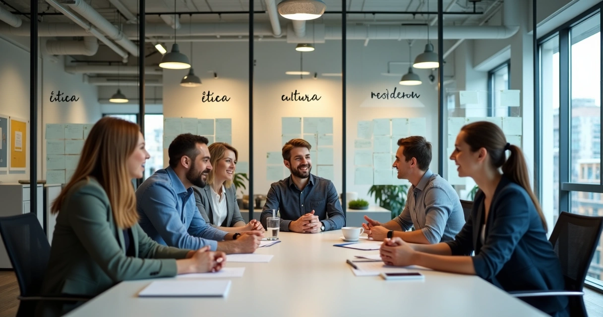Equipe de trabalho colaborando em ambiente moderno indicando cultura organizacional forte 