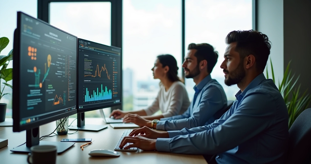 Empresário em Curitiba usando computador para gerir estratégias digitais com equipe