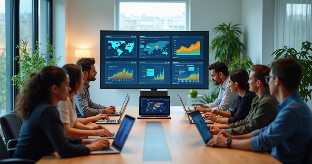 Mesa de reunião em escritório moderno com equipe analisando gráficos de tecnologia e custos invisíveis em TI na tela do notebook 