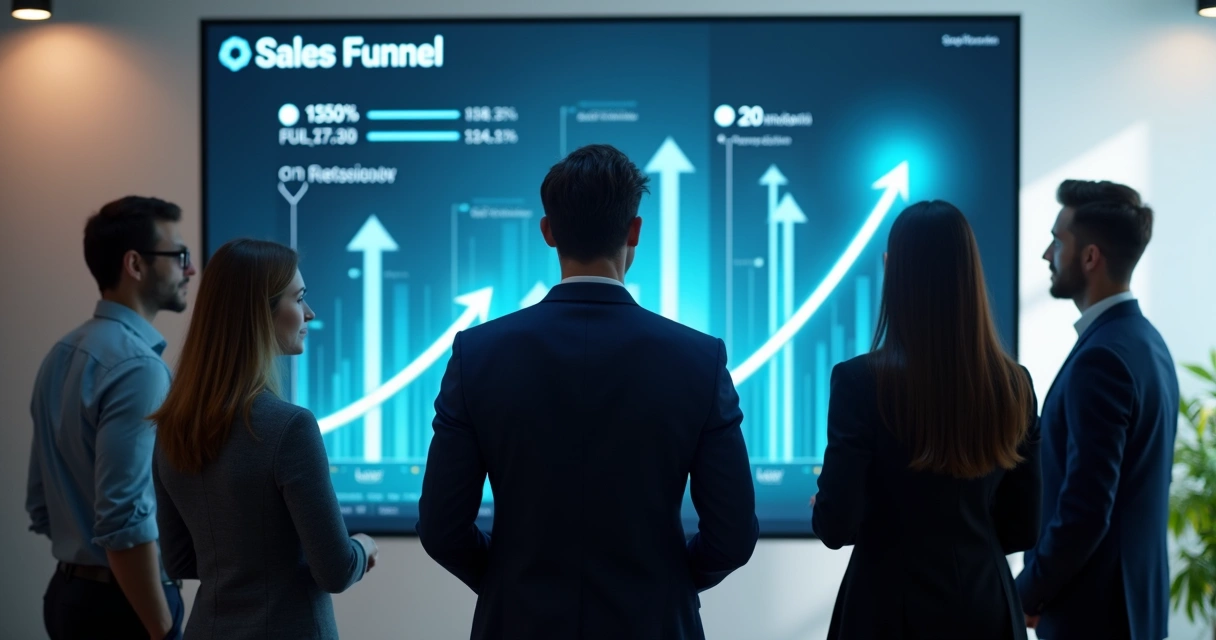 Equipe olhando para painel digital que mostra funil otimizado e resultados crescentes 