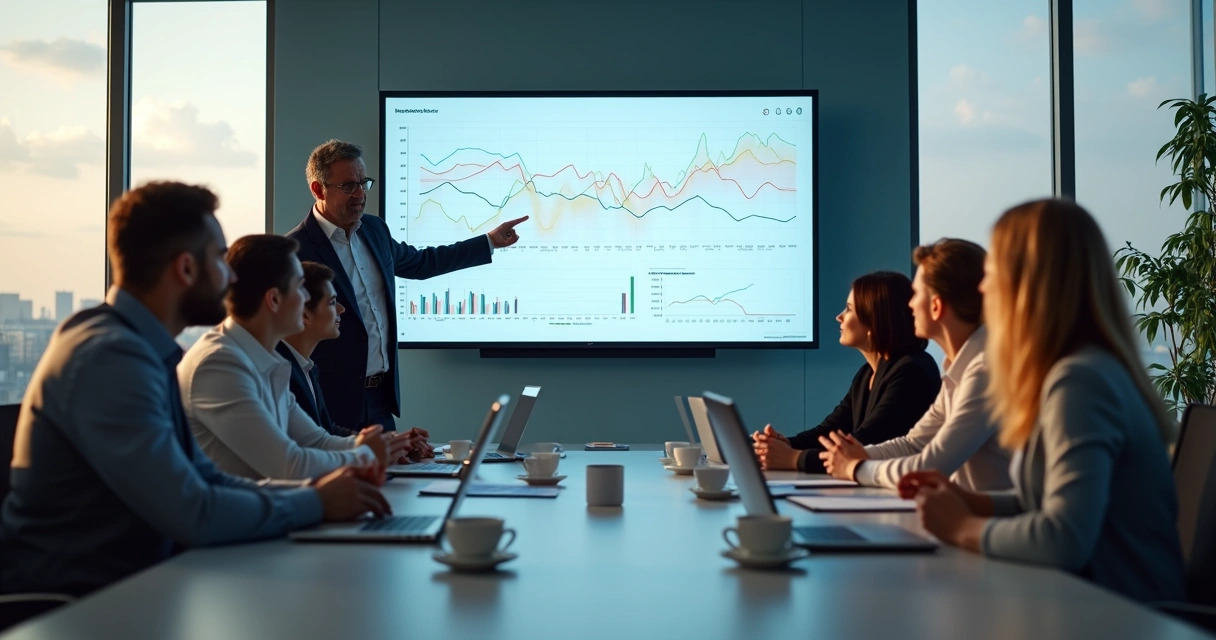 Sala de reuniones con equipo debatiendo sobre gráficas financieras en la pantalla