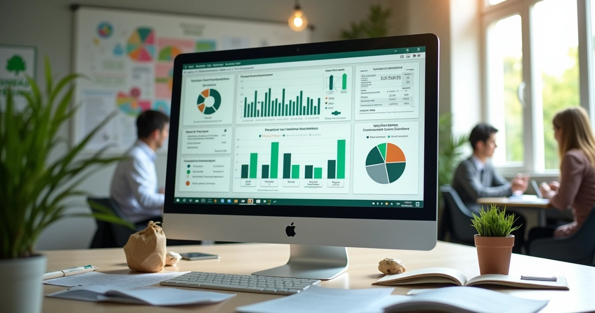Tela de computador mostrando dashboard com gráfico de impacto ambiental e relatório de destinação de IRPJ para reciclagem 