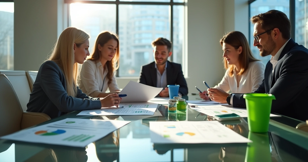 Equipe empresarial reunida analisando relatórios de projetos de reciclagem 