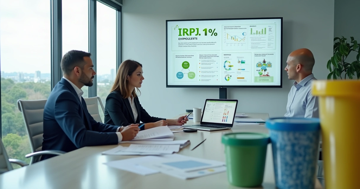Executivos analisando destinação de IRPJ para projetos de reciclagem 