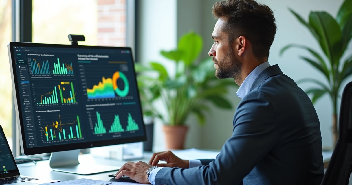 Executivo analisando relatórios de projetos de reciclagem em escritório moderno, com gráficos de impacto ambiental e incentivos fiscais na tela do computador 